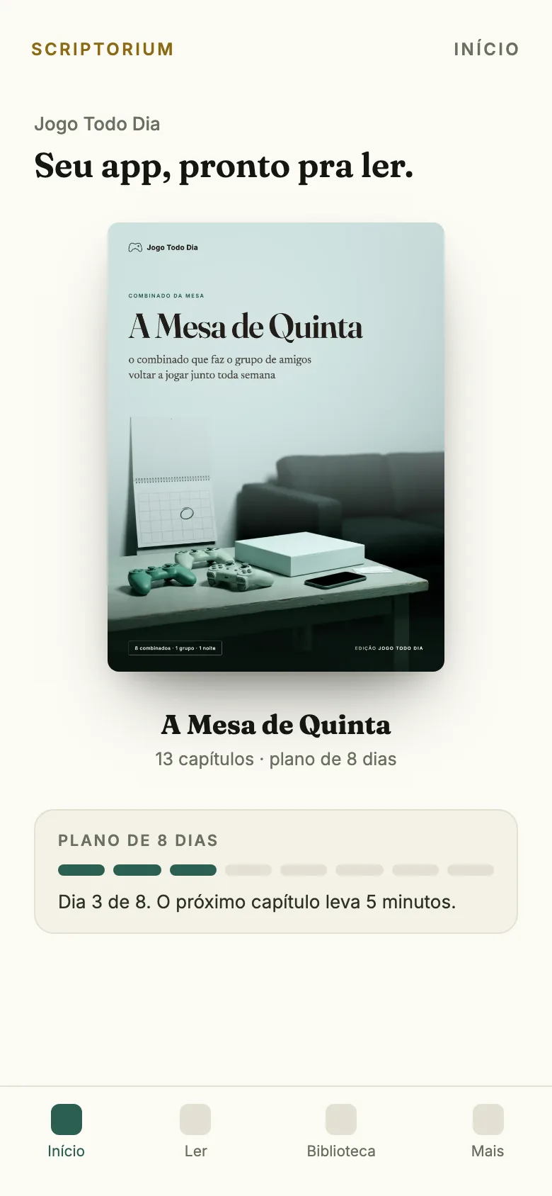 Capa do app: o ebook A Mesa de Quinta aberto na tela Início, com o plano de 8 dias
