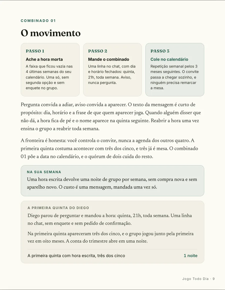 Passo a passo: O movimento em três passos: ache a hora morta, mande o combinado como aviso, cole no calendário