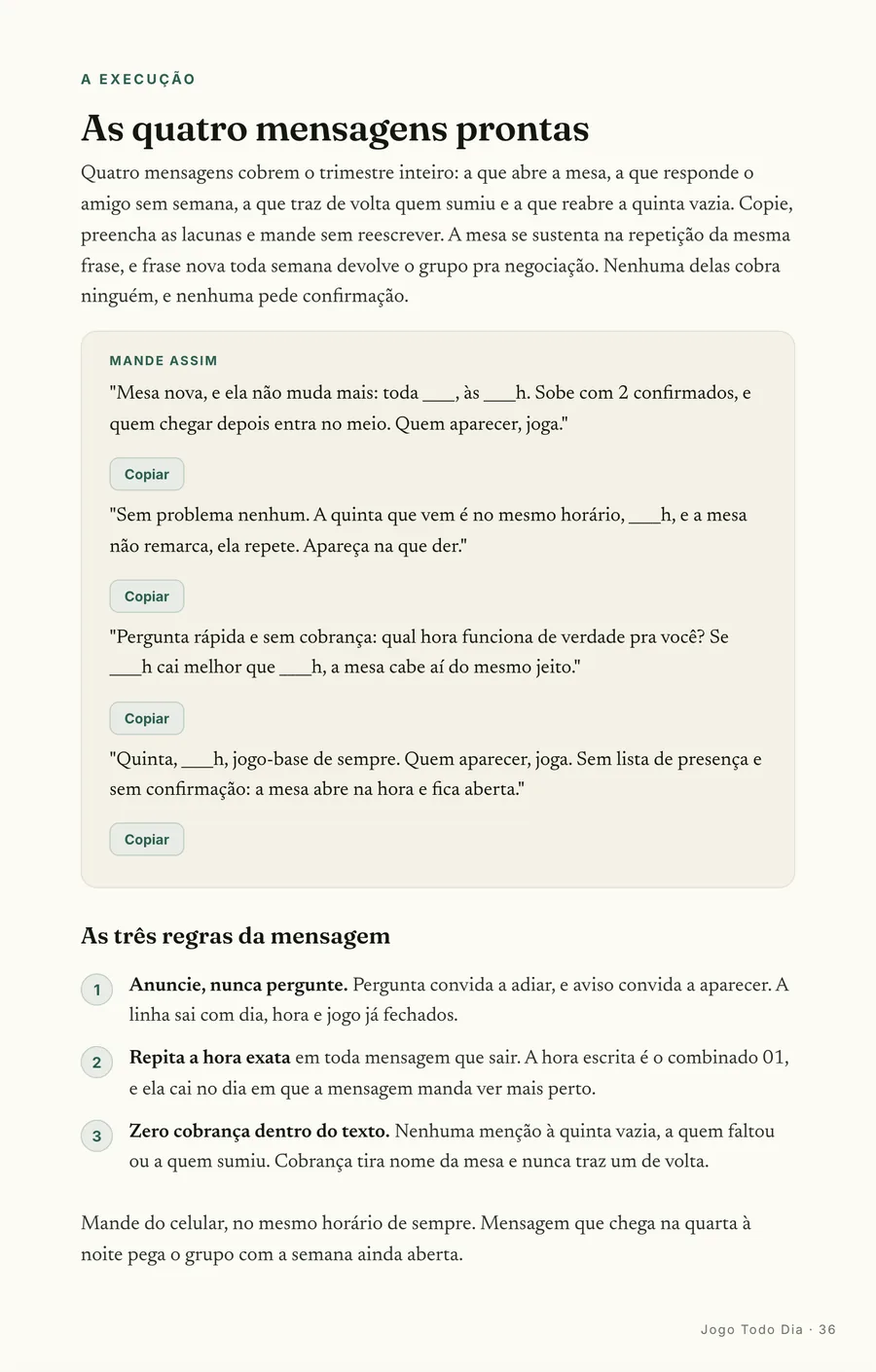 Mensagens prontas: As quatro mensagens do grupo, com as regras da mensagem ao lado